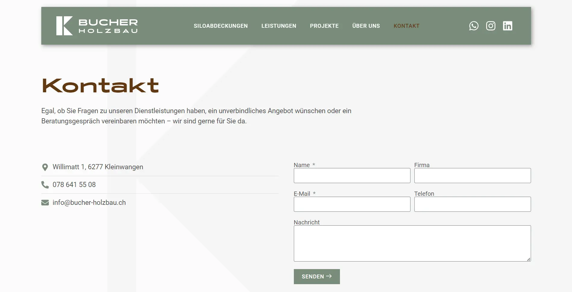 Kontaktseite der Website von Bucher Holzbau