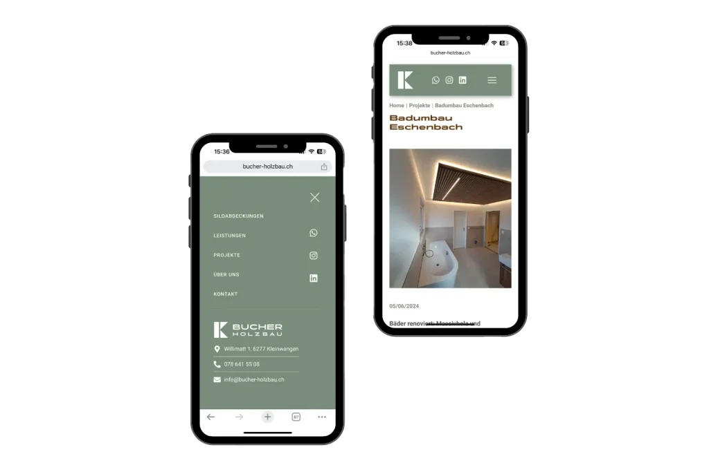 Zwei Handys zeigen die Website von Bucher Holzbau